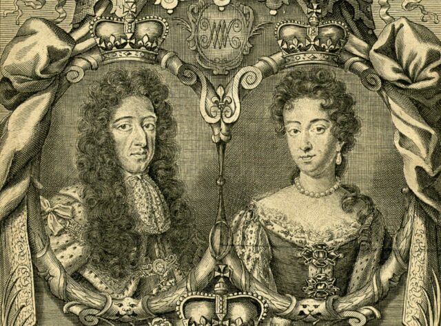 1703 woodcut showing King William III and Queen Mary II.